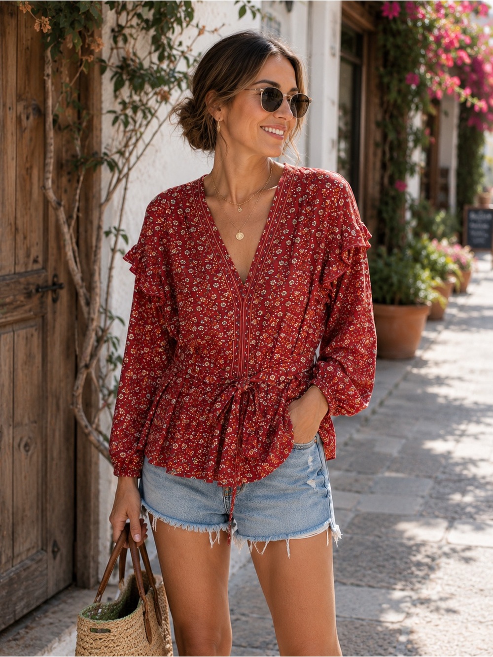 Max Studio Top Red Floral Print V Neck Ruffle Sleeve Tie Waist